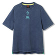 The Ireland 26 Premium OS Washed T-shirt by Canterbury is a blue short-sleeve rugby tee featuring an oversized fit, a stylish faded washed texture, and IRFU and Canterbury logos on the chest.