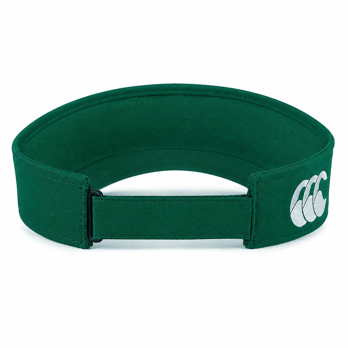 The Ireland 26 Visor by Canterbury features a green design with an adjustable back strap and a white “CCC” logo on the side, making it ideal for fans looking for an authentic Canterbury accessory.