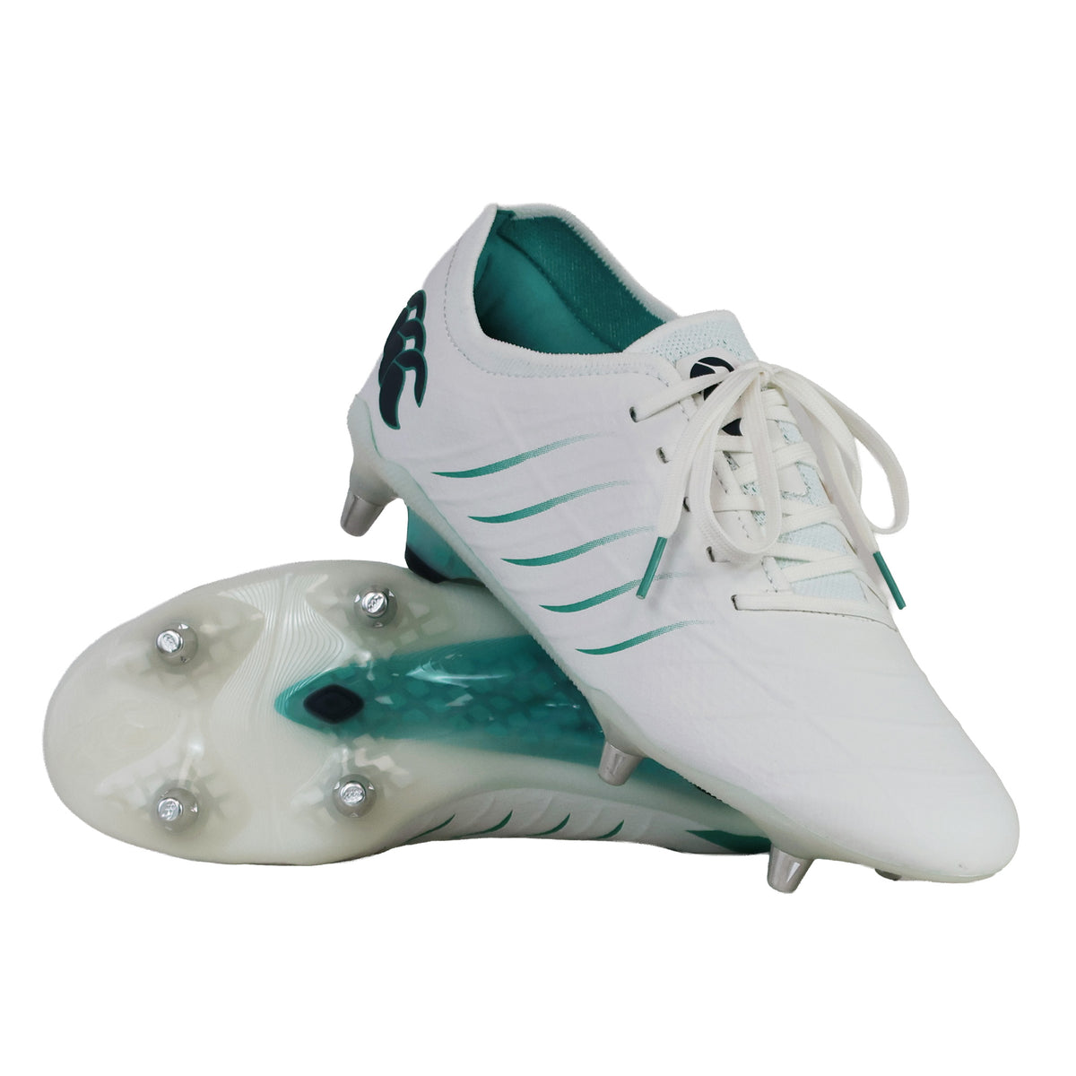 Canterbury Phoenix 2.0 Elite SG white soft-ground rugby boot with green accents and metallic screw-in studs.