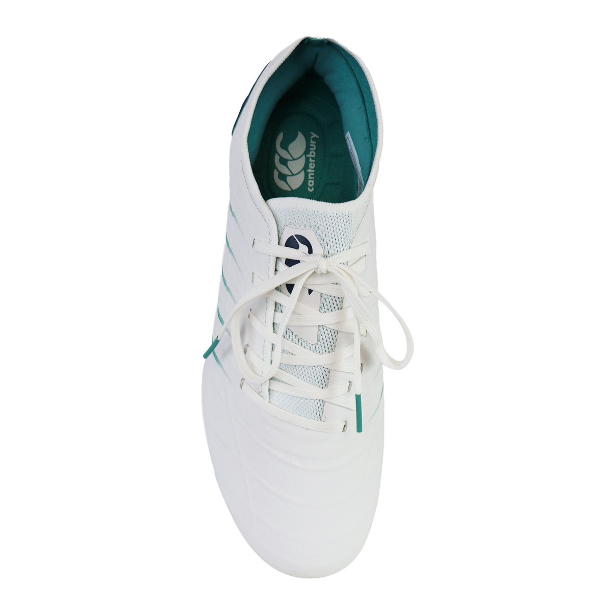 Top-down view of a white and Baltic green Canterbury Phoenix 2.0 Elite SG rugby boot with white laces.