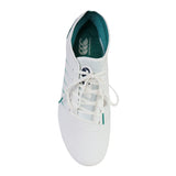 Top-down view of a white and Baltic green Canterbury Phoenix 2.0 Elite SG rugby boot with white laces.
