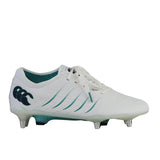 Canterbury Phoenix 2.0 Elite SG - White/Baltic Green rugby boot in white with green accents, white laces, and metal studs for soft ground.