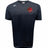 The EMB Canterbury Godzilla RFC Embroidered Club Tempo Vapodri T-Shirt is a navy blue short-sleeve athletic top featuring a red and yellow Godzilla RFC logo on the left chest and a white embroidered Canterbury logo on the right shoulder; this moisture-wicking sports tee blends advanced performance technology with classic style.