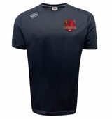 The EMB Canterbury Godzilla RFC Embroidered Club Tempo Vapodri T-Shirt is a navy blue short-sleeve athletic top featuring a red and yellow Godzilla RFC logo on the left chest and a white embroidered Canterbury logo on the right shoulder; this moisture-wicking sports tee blends advanced performance technology with classic style.