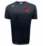 The EMB Canterbury Godzilla RFC Embroidered Club Tempo Vapodri T-Shirt is a navy blue short-sleeve athletic top featuring a red and yellow Godzilla RFC logo on the left chest and a white embroidered Canterbury logo on the right shoulder; this moisture-wicking sports tee blends advanced performance technology with classic style.