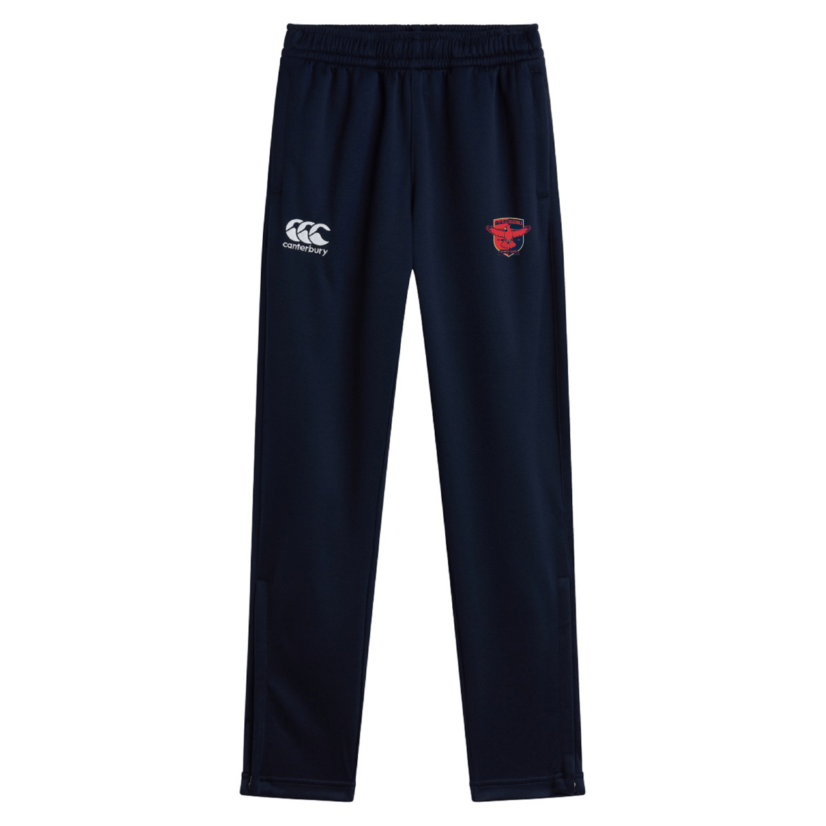 The Charlotte Cardinals Rugby Club Stretch Tapered Pant by EMB Canterbury is a pair of navy blue athletic pants featuring an elastic waistband, designed with stretch fabric for ultimate comfort. These quick-dry pants are adorned with an embroidered white logo on the left and a red emblem on the right.