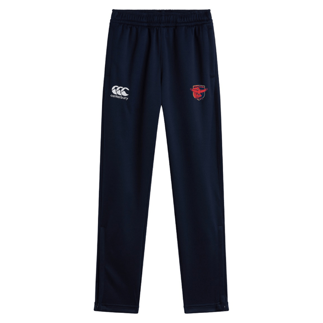 The Charlotte Cardinals Rugby Club Stretch Tapered Pant by EMB Canterbury is a pair of navy blue athletic pants featuring an elastic waistband, designed with stretch fabric for ultimate comfort. These quick-dry pants are adorned with an embroidered white logo on the left and a red emblem on the right.
