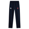 The Charlotte Cardinals Rugby Club Stretch Tapered Pant by EMB Canterbury is a pair of navy blue athletic pants featuring an elastic waistband, designed with stretch fabric for ultimate comfort. These quick-dry pants are adorned with an embroidered white logo on the left and a red emblem on the right.