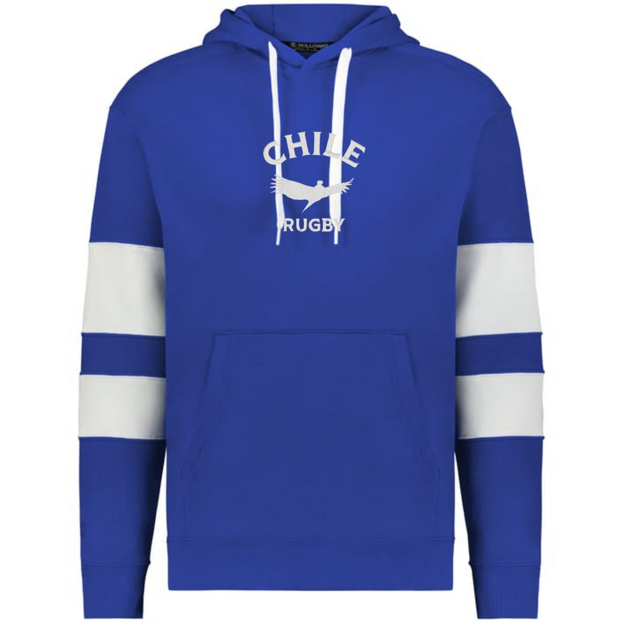 The WRS Augusta Nations of Rugby Chile Jackson Way Hoodie is a blue hoodie with white drawstrings, two white sleeve stripes, and a bold "Chile Rugby" logo with a condor graphic on the chest.