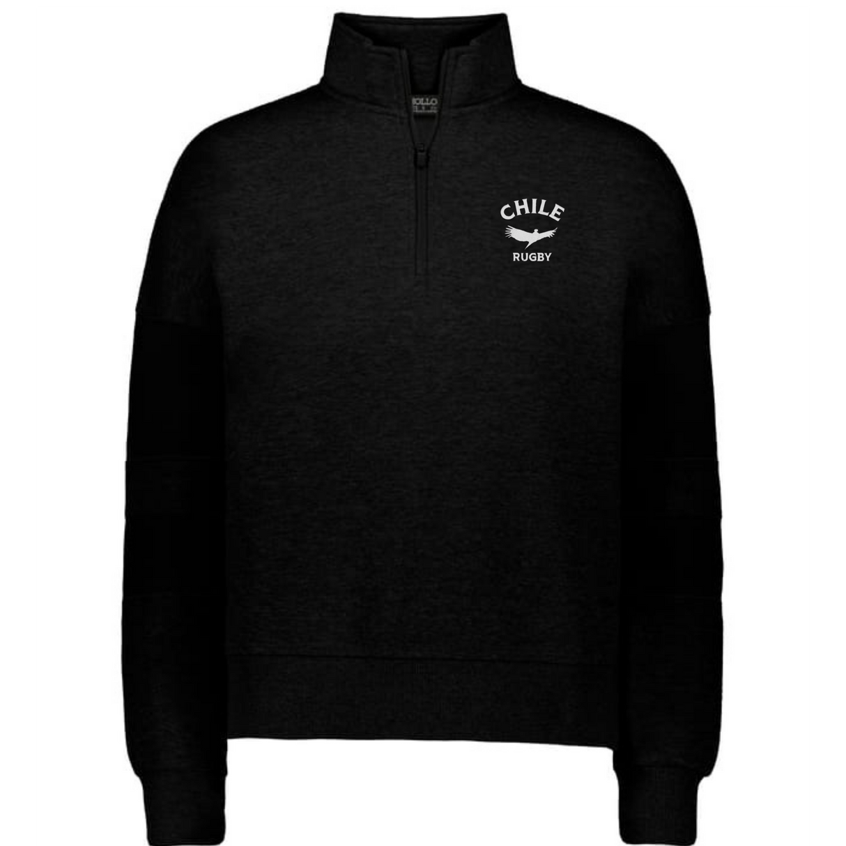 The EMB Augusta Women's Nations of Rugby Chile Jackson Way Pullover is a black quarter-zip sweatshirt featuring "CHILE RUGBY" and a white condor graphic on the left chest—ideal for Chile rugby fans.