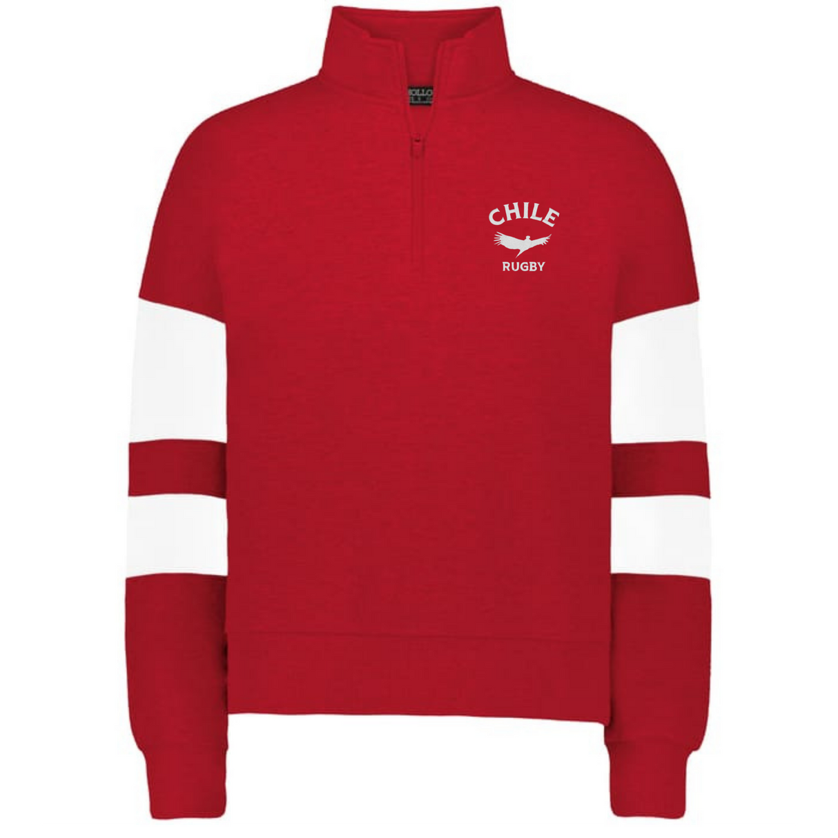 The EMB Augusta Women's Nations of Rugby Chile Jackson Way Pullover features a red design with white sleeve stripes and a "Chile Rugby" bird logo on the chest—ideal apparel for passionate Chile rugby fans.