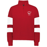 The EMB Augusta Women's Nations of Rugby Chile Jackson Way Pullover features a red design with white sleeve stripes and a "Chile Rugby" bird logo on the chest—ideal apparel for passionate Chile rugby fans.