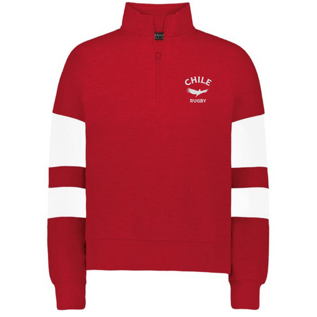 The EMB Augusta Women's Nations of Rugby Chile Jackson Way Pullover features a red design with white sleeve stripes and a "Chile Rugby" bird logo on the chest—ideal apparel for passionate Chile rugby fans.