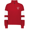 The EMB Augusta Women's Nations of Rugby Chile Jackson Way Pullover features a red design with white sleeve stripes and a "Chile Rugby" bird logo on the chest—ideal apparel for passionate Chile rugby fans.