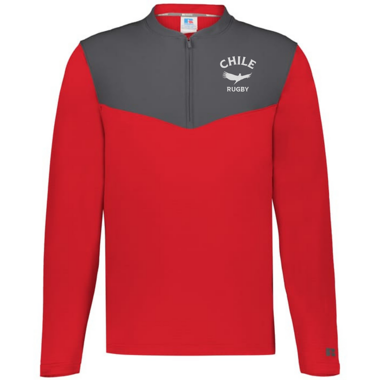 The EMB Augusta Nations of Rugby Chile Sideline Grid 1/4 Zip Pullover features a red and dark gray fleece design with "CHILE RUGBY" text and a bird graphic on the left chest.