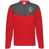 The EMB Augusta Nations of Rugby Chile Sideline Grid 1/4 Zip Pullover features a red and dark gray fleece design with "CHILE RUGBY" text and a bird graphic on the left chest.