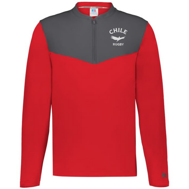 The EMB Augusta Nations of Rugby Chile Sideline Grid 1/4 Zip Pullover features a red and dark gray fleece design with "CHILE RUGBY" text and a bird graphic on the left chest.