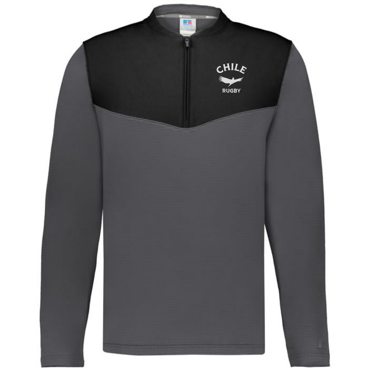 The EMB Augusta Nations of Rugby Chile Sideline Grid 1/4 Zip Pullover features black shoulders, gray body and sleeves, a quarter-zip collar, and the "Chile Rugby" logo on the left chest.