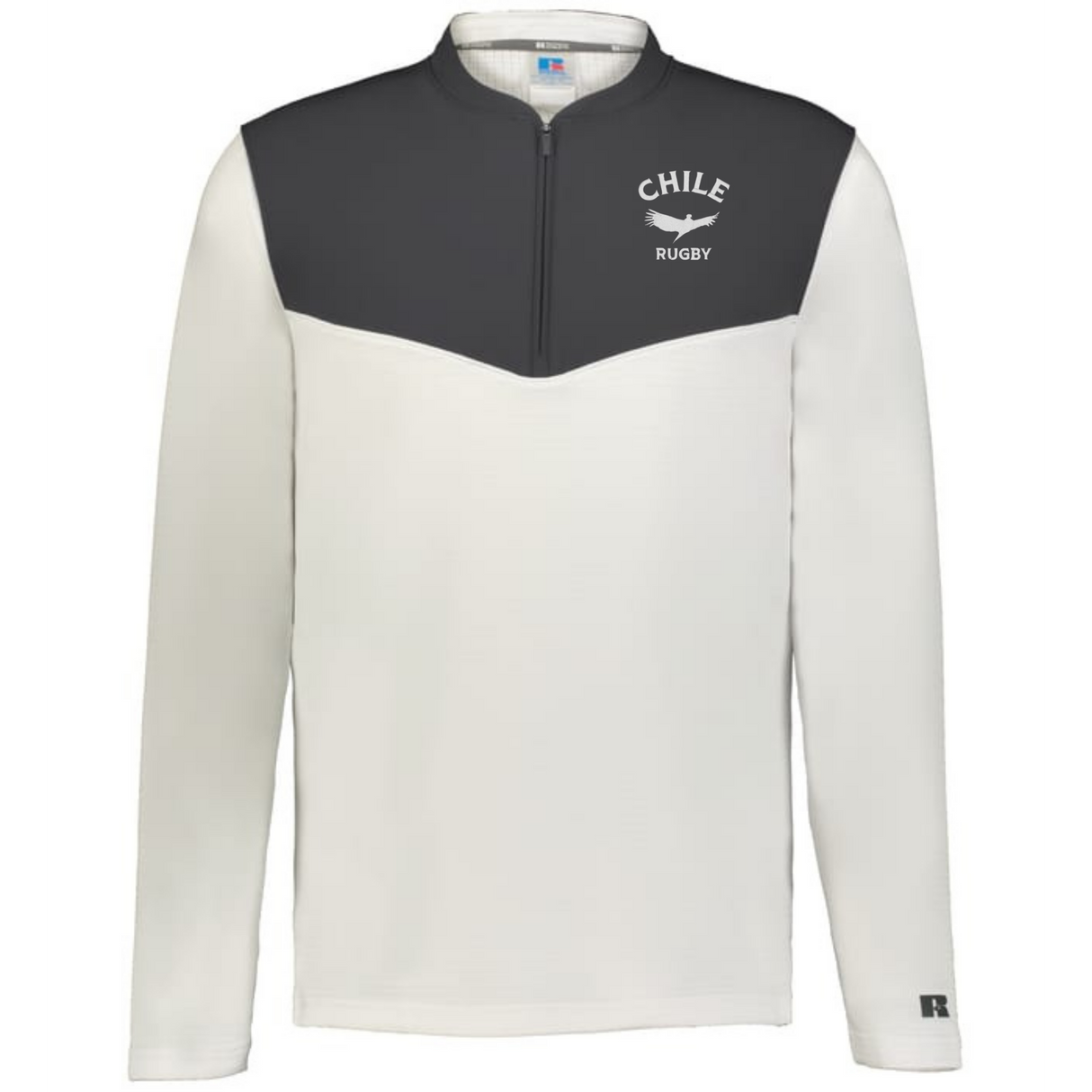 The EMB Augusta Nations of Rugby Chile Sideline Grid 1/4 Zip Pullover is a long-sleeve, two-tone top with a dark gray upper and white lower section, featuring "CHILE RUGBY" and a bird logo on the left chest.