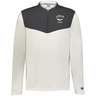 The EMB Augusta Nations of Rugby Chile Sideline Grid 1/4 Zip Pullover is a long-sleeve, two-tone top with a dark gray upper and white lower section, featuring "CHILE RUGBY" and a bird logo on the left chest.