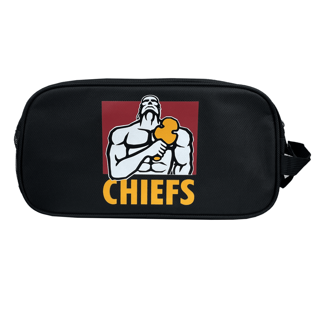Gallagher Chiefs Super Rugby Boot Bag by DryWorld, featuring a graphic of a muscular figure holding an object and the word "CHIEFS" in yellow below the graphic, inspired by Chiefs Super Rugby.