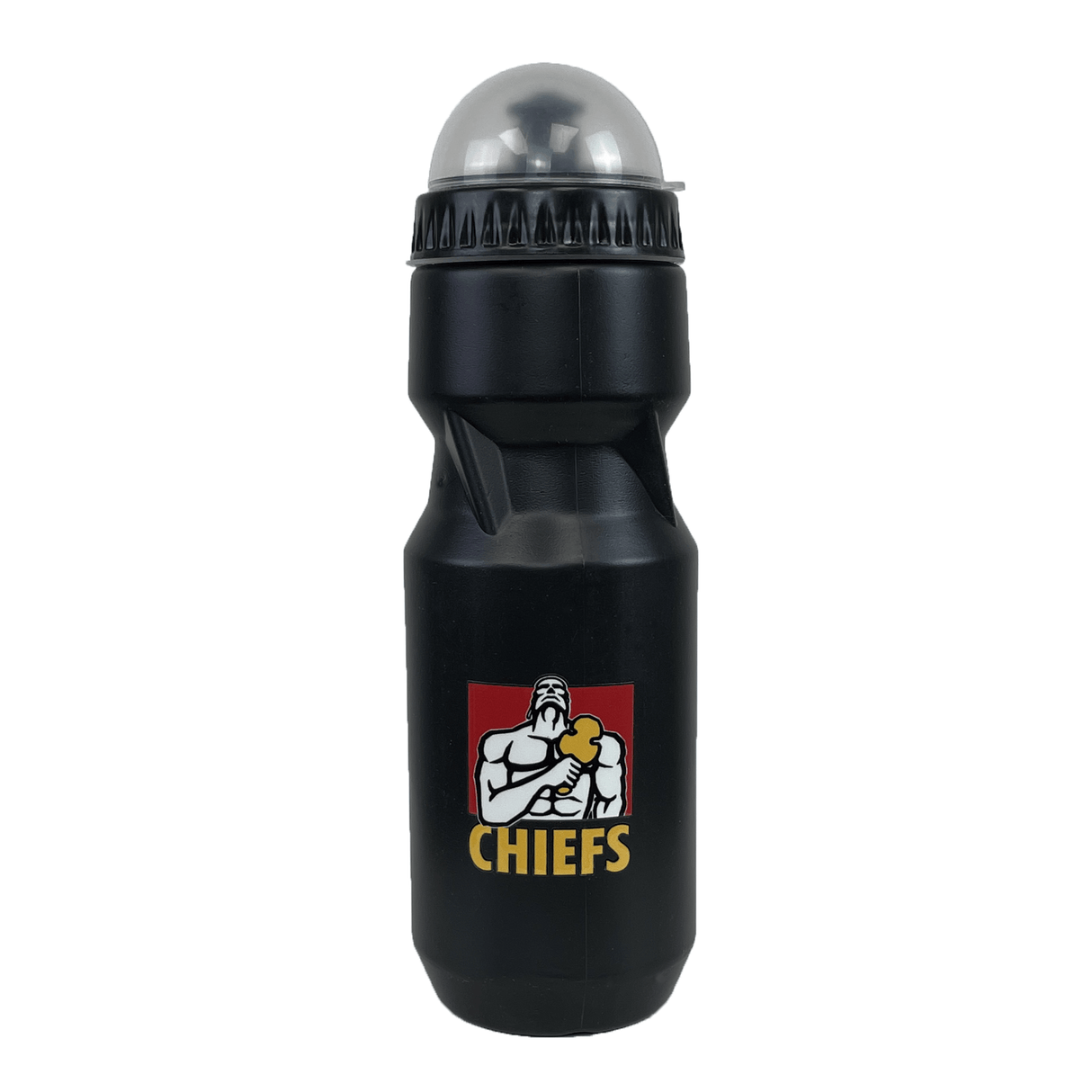 The Gallagher Chiefs Super Rugby Water Bottle by DryWorld is a sleek black water bottle with a transparent cap. It features the iconic logo of a character holding a hammer and the word "CHIEFS" written below, making it perfect for your Chiefs Super Rugby training sessions.
