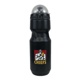 The Gallagher Chiefs Super Rugby Water Bottle by DryWorld is a sleek black water bottle with a transparent cap. It features the iconic logo of a character holding a hammer and the word "CHIEFS" written below, making it perfect for your Chiefs Super Rugby training sessions.