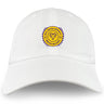 The EMB S&S Activewear West Chester University Adult Low-Profile Cotton Twill Dad Cap features an embroidered circular men's rugby logo with a ram’s head and purple laurel leaves.