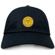 The EMB S&S Activewear West Chester University Adult Low-Profile Cotton Twill Dad Cap has a black design with a circular yellow and purple "West Chester University Men's Rugby" embroidered logo featuring a ram head.