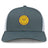 The West Chester University Retro Trucker Cap by EMB S&S Activewear features a gray and white design with an embroidered yellow and purple ram's head logo, plus a snapback closure for an adjustable fit.