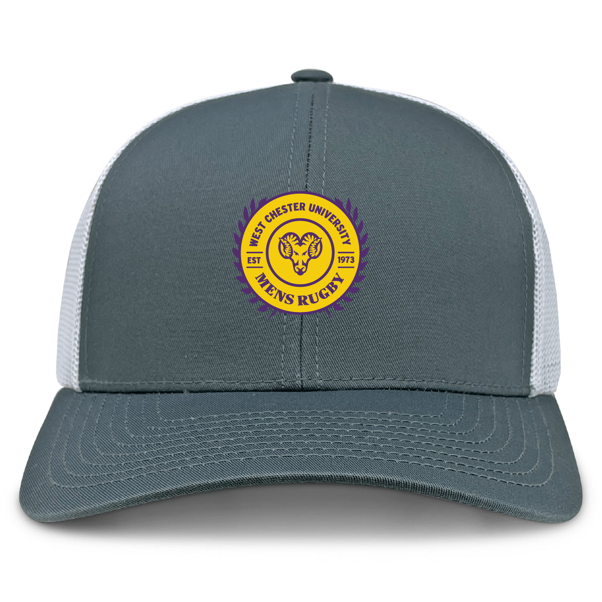 The West Chester University Retro Trucker Cap by EMB S&S Activewear features a gray and white design with an embroidered yellow and purple ram's head logo, plus a snapback closure for an adjustable fit.