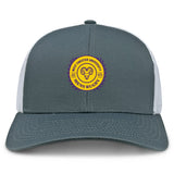 The West Chester University Retro Trucker Cap by EMB S&S Activewear features a gray and white design with an embroidered yellow and purple ram's head logo, plus a snapback closure for an adjustable fit.
