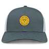 The West Chester University Retro Trucker Cap by EMB S&S Activewear features a gray and white design with an embroidered yellow and purple ram's head logo, plus a snapback closure for an adjustable fit.