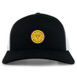The West Chester University Retro Trucker Cap by EMB S&S Activewear features a black and white design with yellow and purple Men's Rugby embroidery on the front and a classic snapback closure.