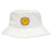 The West Chester University Crusher Bucket Cap by EMB S&S Activewear is a white cotton twill hat featuring a circular yellow and purple ram’s head logo—ideal as a sun protection hat for outdoor games.