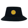 The West Chester University Crusher Bucket Cap by EMB S&S Activewear features a black cotton twill design with a circular gold and purple ram's head logo—ideal for sun protection and showing your Golden Rams pride on or off the field.