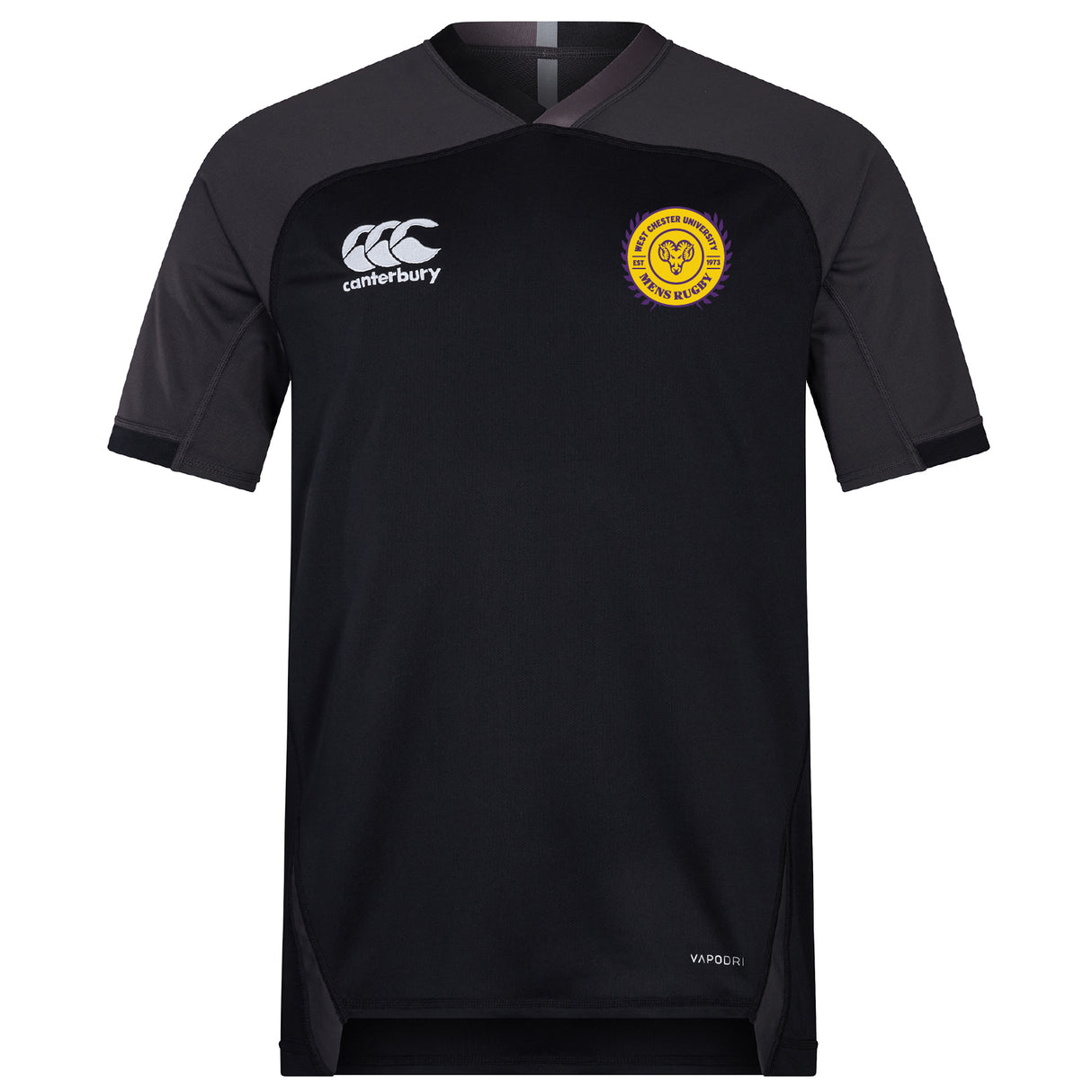 The EMB Canterbury West Chester University Vapodri Evader Jersey is a short-sleeved black rugby top with moisture-wicking tech, Canterbury logo on the right chest, and a yellow circular badge on the left, shown on a white background.