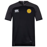 The EMB Canterbury West Chester University Vapodri Evader Jersey is a short-sleeved black rugby top with moisture-wicking tech, Canterbury logo on the right chest, and a yellow circular badge on the left, shown on a white background.