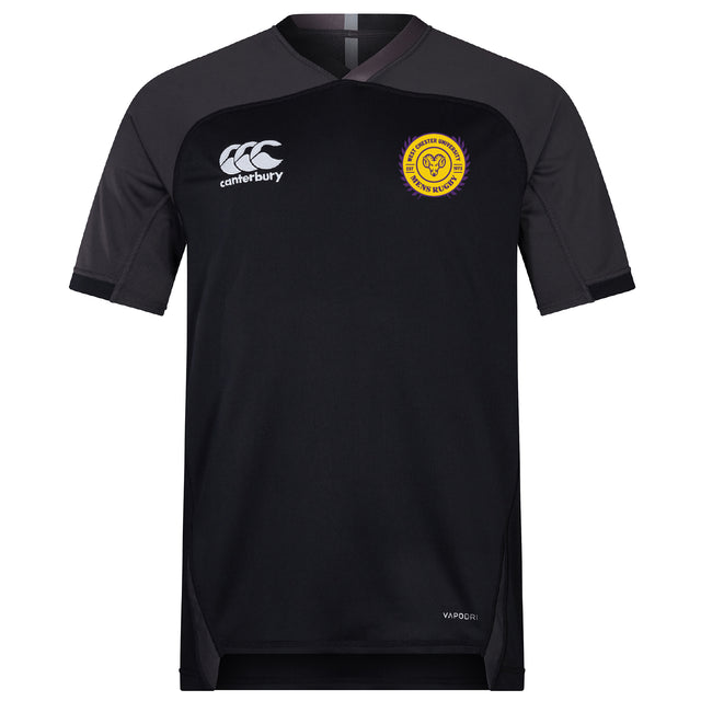 The EMB Canterbury West Chester University Vapodri Evader Jersey is a short-sleeved black rugby top with moisture-wicking tech, Canterbury logo on the right chest, and a yellow circular badge on the left, shown on a white background.