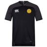 The EMB Canterbury West Chester University Vapodri Evader Jersey is a short-sleeved black rugby top with moisture-wicking tech, Canterbury logo on the right chest, and a yellow circular badge on the left, shown on a white background.