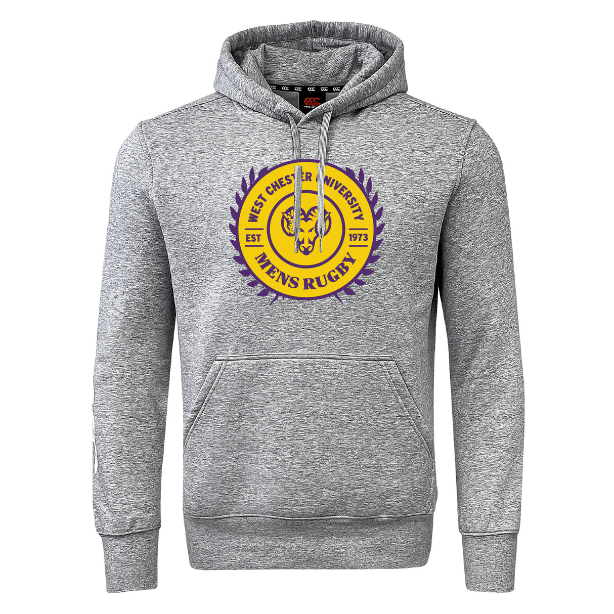 Show your spirit with the West Chester University Club Hoodie by Canterbury! This WRS Canterbury gray hoodie features the men's rugby logo in purple and gold on the front center—ideal for any true fan.
