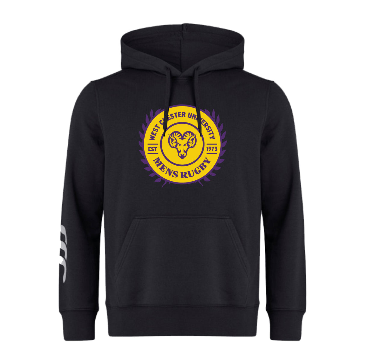 Show your rugby club pride with the WRS Canterbury West Chester University Club Hoodie by Canterbury, featuring a yellow and purple emblem with a ram’s head on the front and white stripes on the left sleeve.