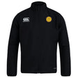 The West Chester University Club Track Jacket by EMB Canterbury is a black lightweight jacket with a yellow circular crest on the left chest and a white Canterbury logo on the right, ideal for training or casual wear.