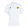 The West Chester University Club Dry Polo by EMB Canterbury is a white polo featuring a black Canterbury logo on the right chest and a yellow circular emblem on the left, made with breathable Vapodri Technology for comfort.