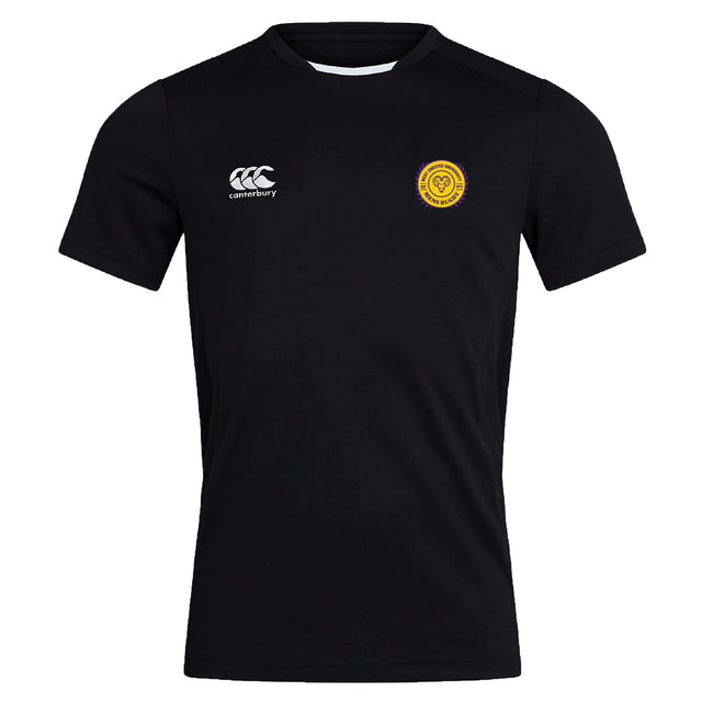 The EMB Canterbury West Chester University Club Dry Tee is a black short-sleeve jersey with Vapodri Technology, a white Canterbury logo on the right chest, and a yellow circular badge on the left chest.