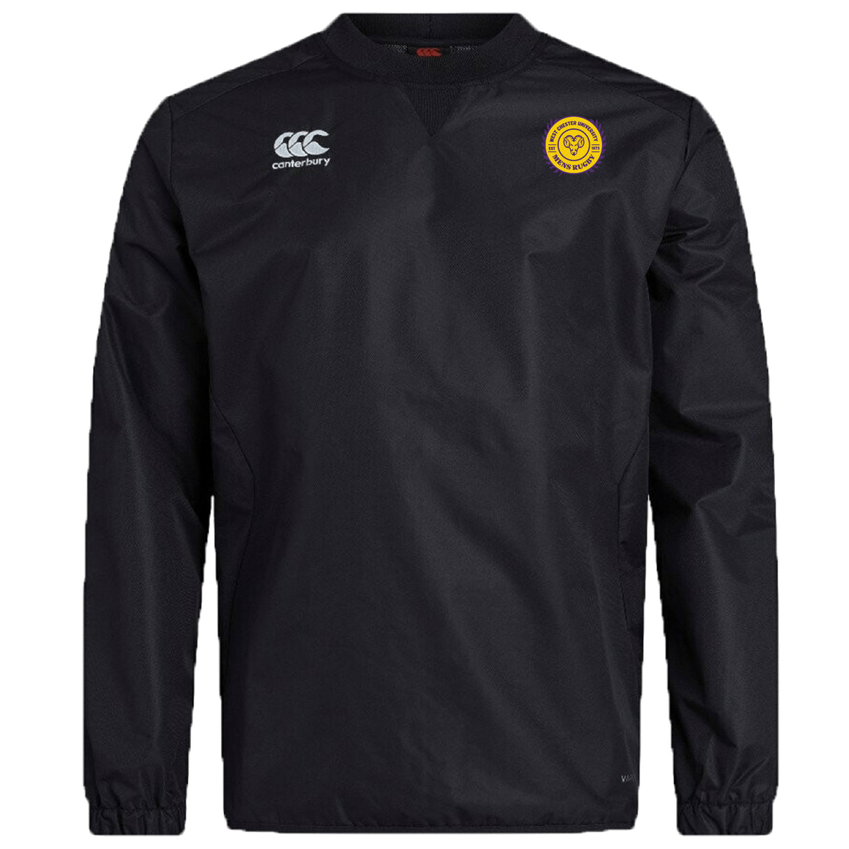 The West Chester University Club Vaposhield Contact Top by EMB Canterbury is a black long-sleeve rugby top with Vaposhield tech, a Canterbury logo on the right chest, and a circular yellow emblem on the left chest.