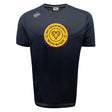 The WRS Canterbury West Chester University Tempo Vapodri T-Shirt features a black athletic design with a circular men’s rugby ram’s head logo, established 1973, in yellow and purple on the chest.