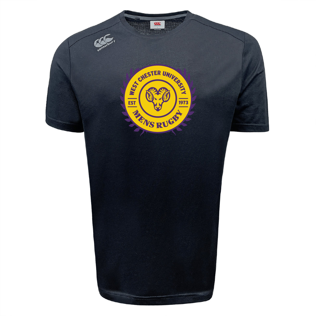 The WRS Canterbury West Chester University Tempo Vapodri T-Shirt features a black athletic design with a circular men’s rugby ram’s head logo, established 1973, in yellow and purple on the chest.