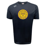 The WRS Canterbury West Chester University Tempo Vapodri T-Shirt features a black athletic design with a circular men’s rugby ram’s head logo, established 1973, in yellow and purple on the chest.