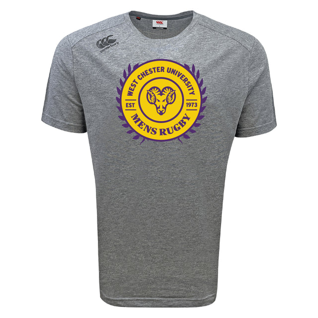 Stay active in the WRS Canterbury West Chester University Tempo Vapodri T-Shirt, a gray short-sleeve athletic tee with "Men's Rugby," a ram's head, and "EST 1973" in purple and gold. Features moisture-wicking fabric for performance.
